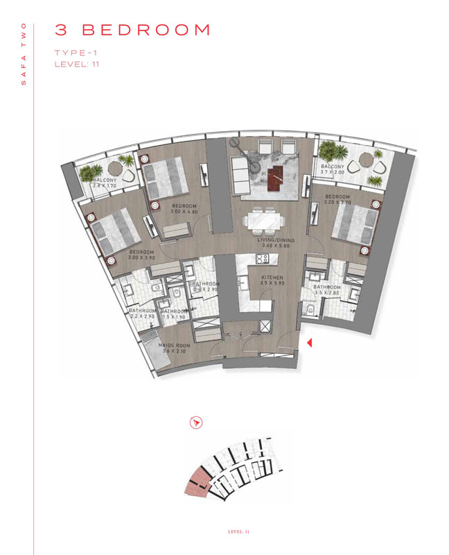 Safa Two 3 BHK Floor Plan